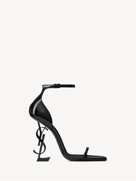 Saint Laurent Shoes - YSL Black Patent Leather Logo-Heel Ankle Strap Sandal